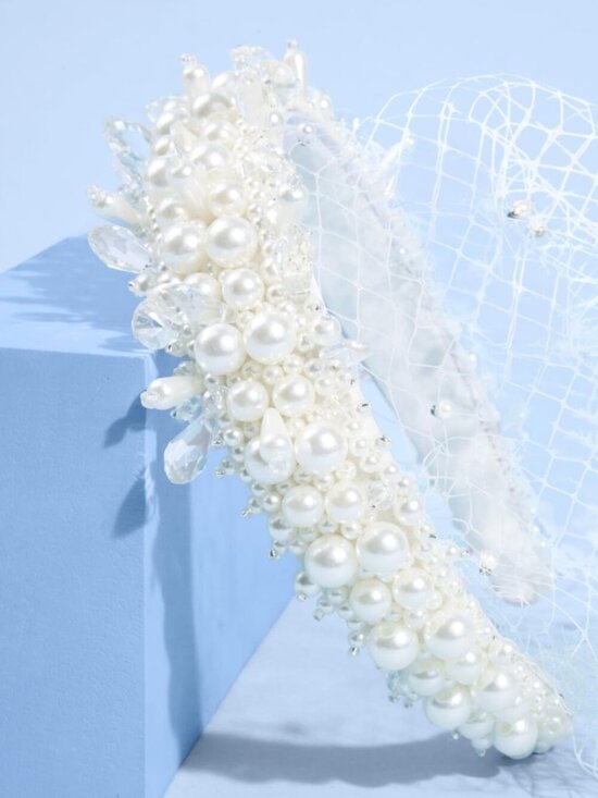 Elegant Pearl Beaded Bridal Headband with Birdcage Veil | Bachelorette & Wedding main image 7
